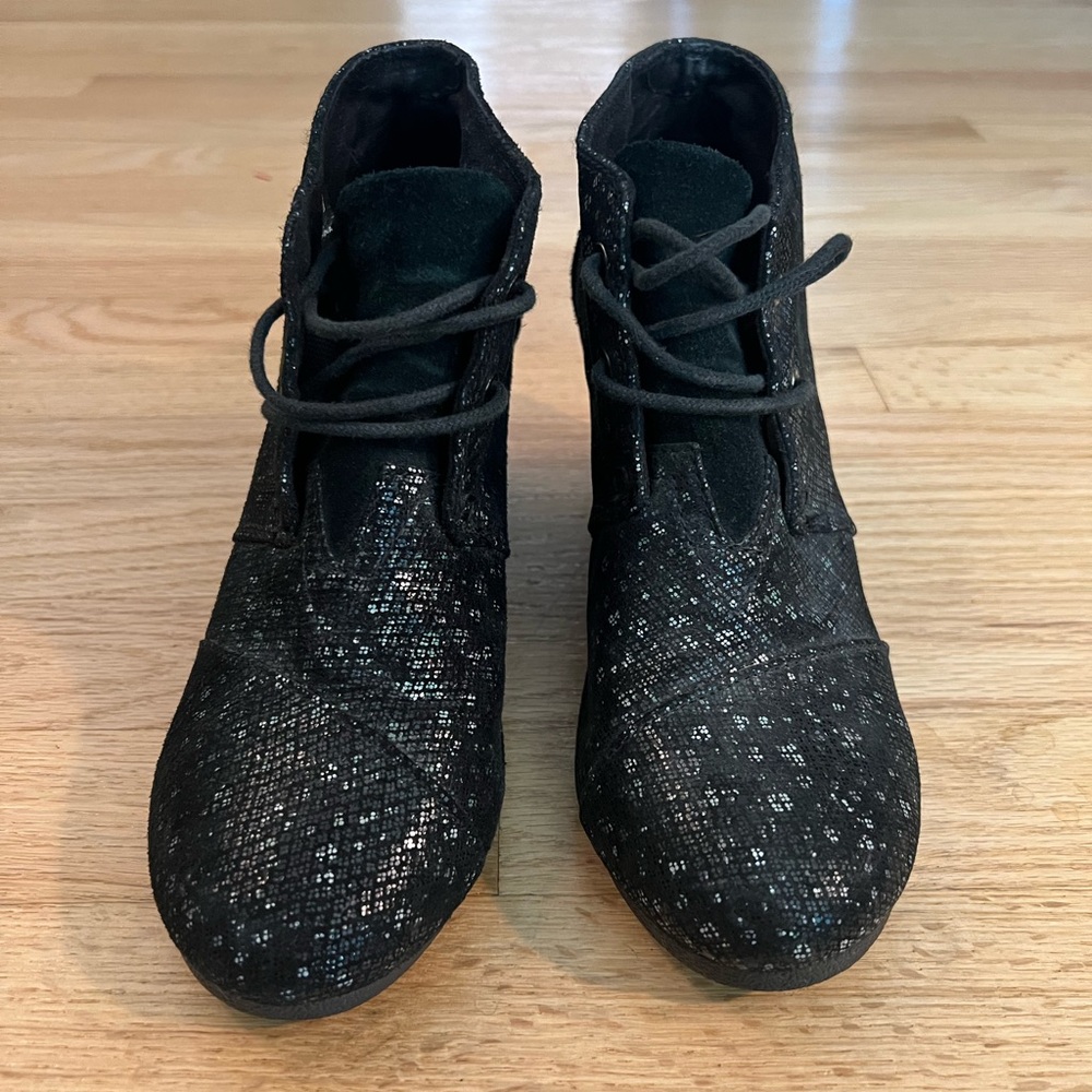 Toms Black Lace Up Booties with Sparkly Finish